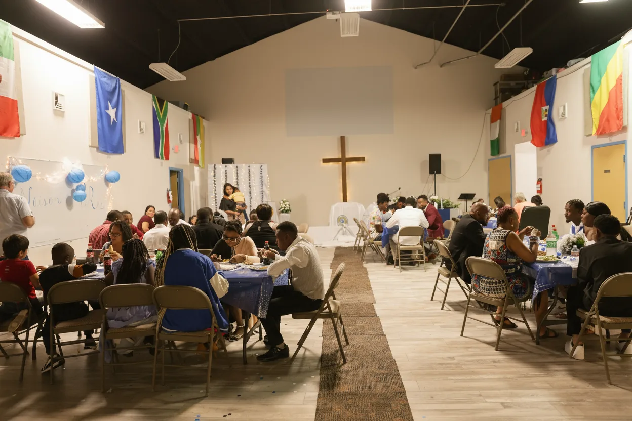 A full hall at Cactus Nazarene Ministry Center with flags of the nations